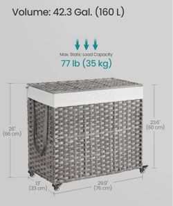 SONGMICS 42.3 Gallons (160 L) Laundry Hamper 3-Section Synthetic Rattan w/ Wheels - Gray