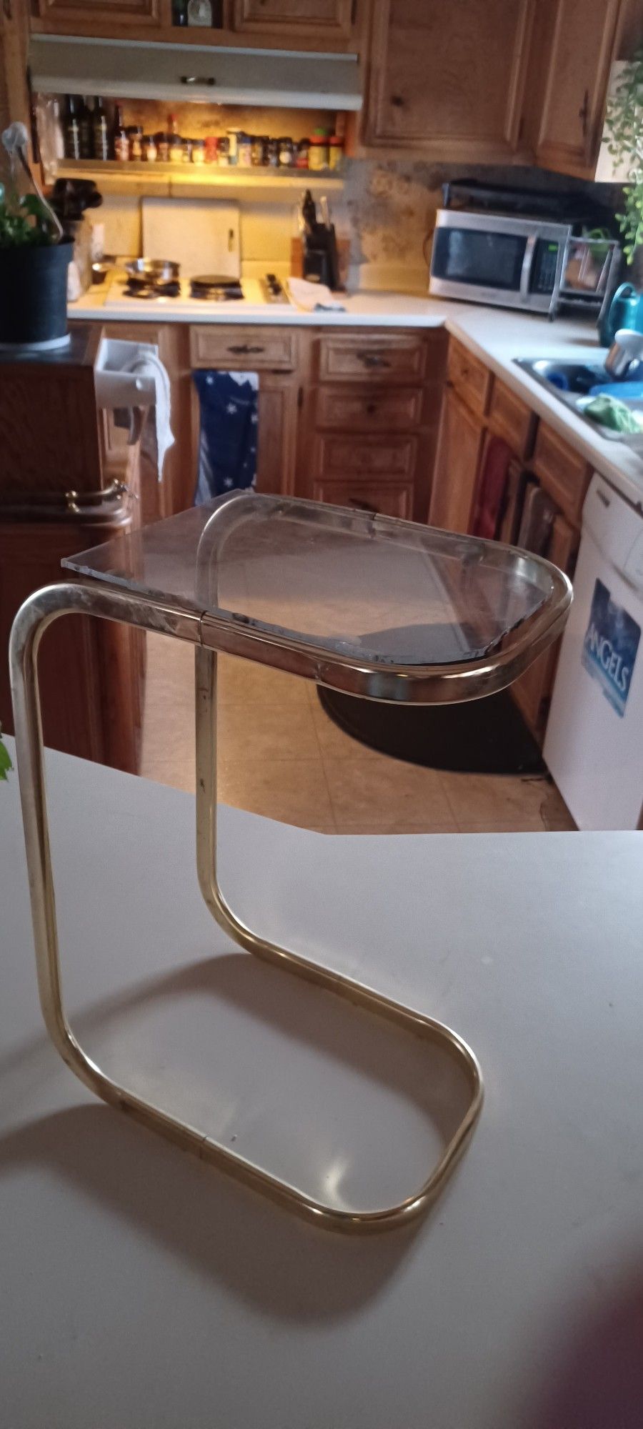 Milo Baughman Style Brass And Plexiglas Cantilever Side End Table