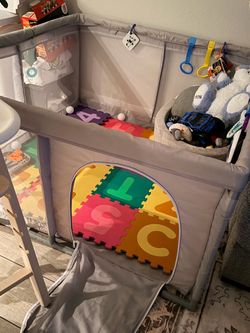 Gray Baby Playpen with Mesh Sides