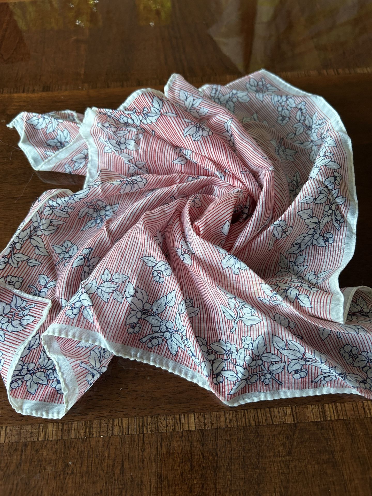 Scarf for ladies floral pattern, red white and blue 20” x 20”