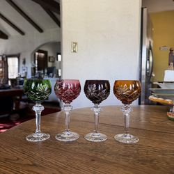Set Of 4 Vintage Multi Color Cut To Clear Crystal Cordial Glasses 5” Tall