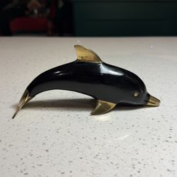 Vintage Mid-Century Brass Dolphin Figurine – Black & Gold MCM Coastal Decor