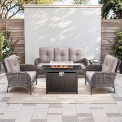 moosprr SleekArm 5-Piece Brown Wicker Fire Pit Conversation Set with Olefin Beige Cushions and Patio Lounge Chairs