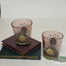 Rusty Botanical Pink glass metal daisies Round Votive Holders