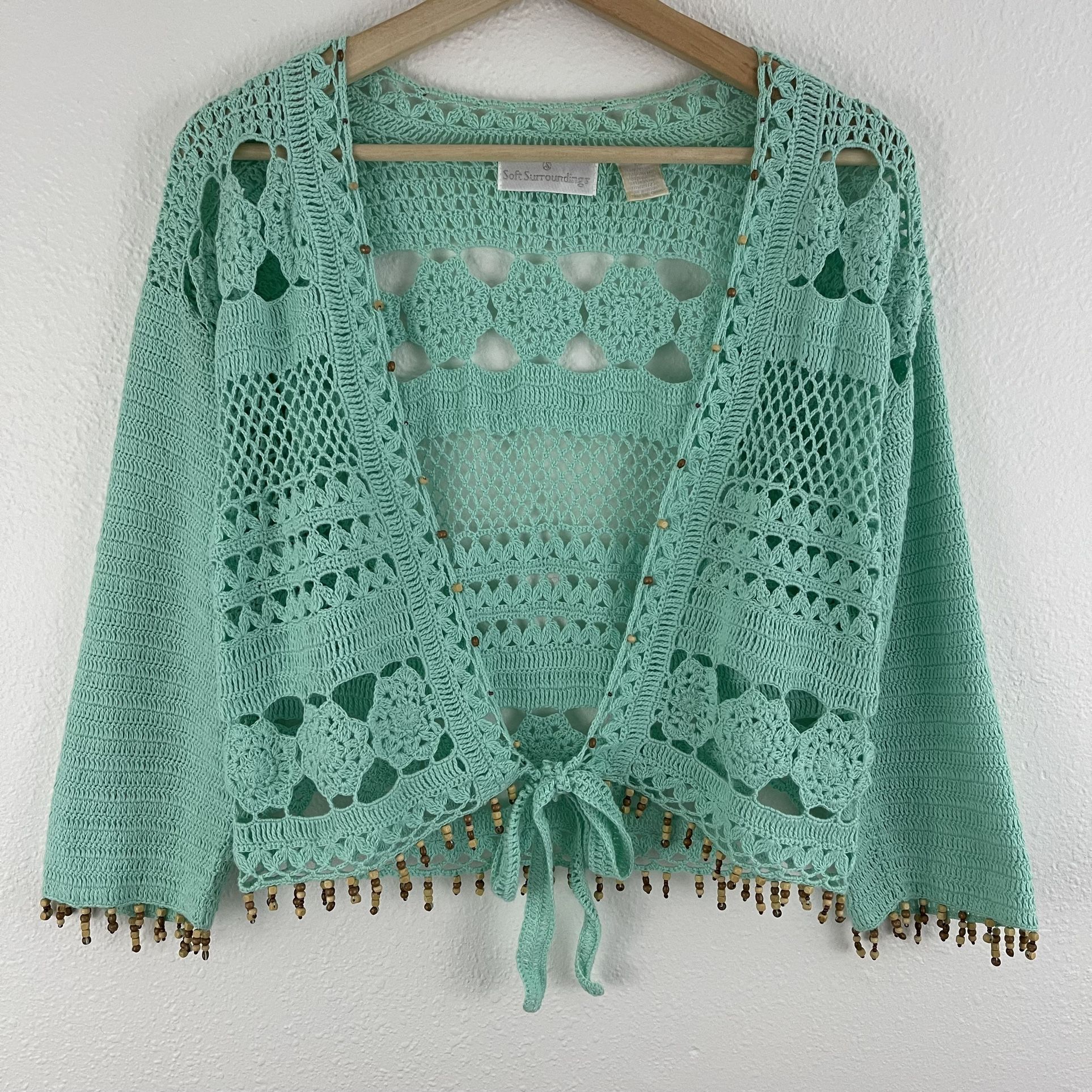 Vintage 90s Mint Green Front Tie Beaded Fringe Summer Beach Cropped Crochet Top