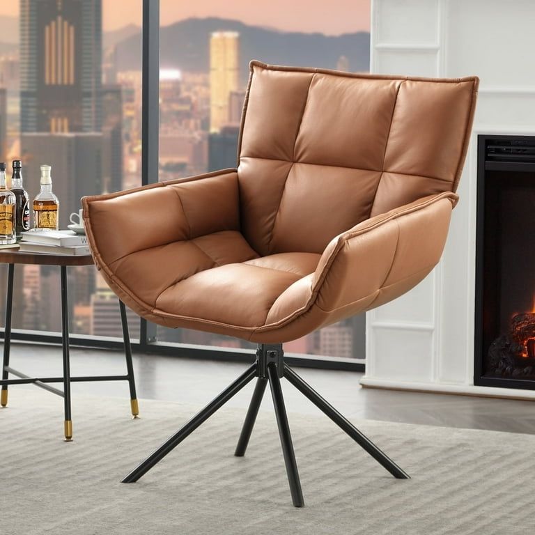 Swivel Accent Chair Faux Leather Armchair with Metal Legs, Light Brown