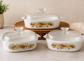 Vintage CorningWare Spice of Life Casserole Dishes w/ Glass Lids – Set of 3
