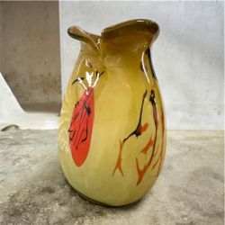 Vintage Abstract Art Glass Vase 10” Hand Blown Amber Yellow MCM One of a Kind