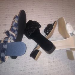 WOMEN'S ASSORTED LEATHER AND DENIM SLIDES WITH A SMALL HEEL SIZE 10 OR 9 1/2