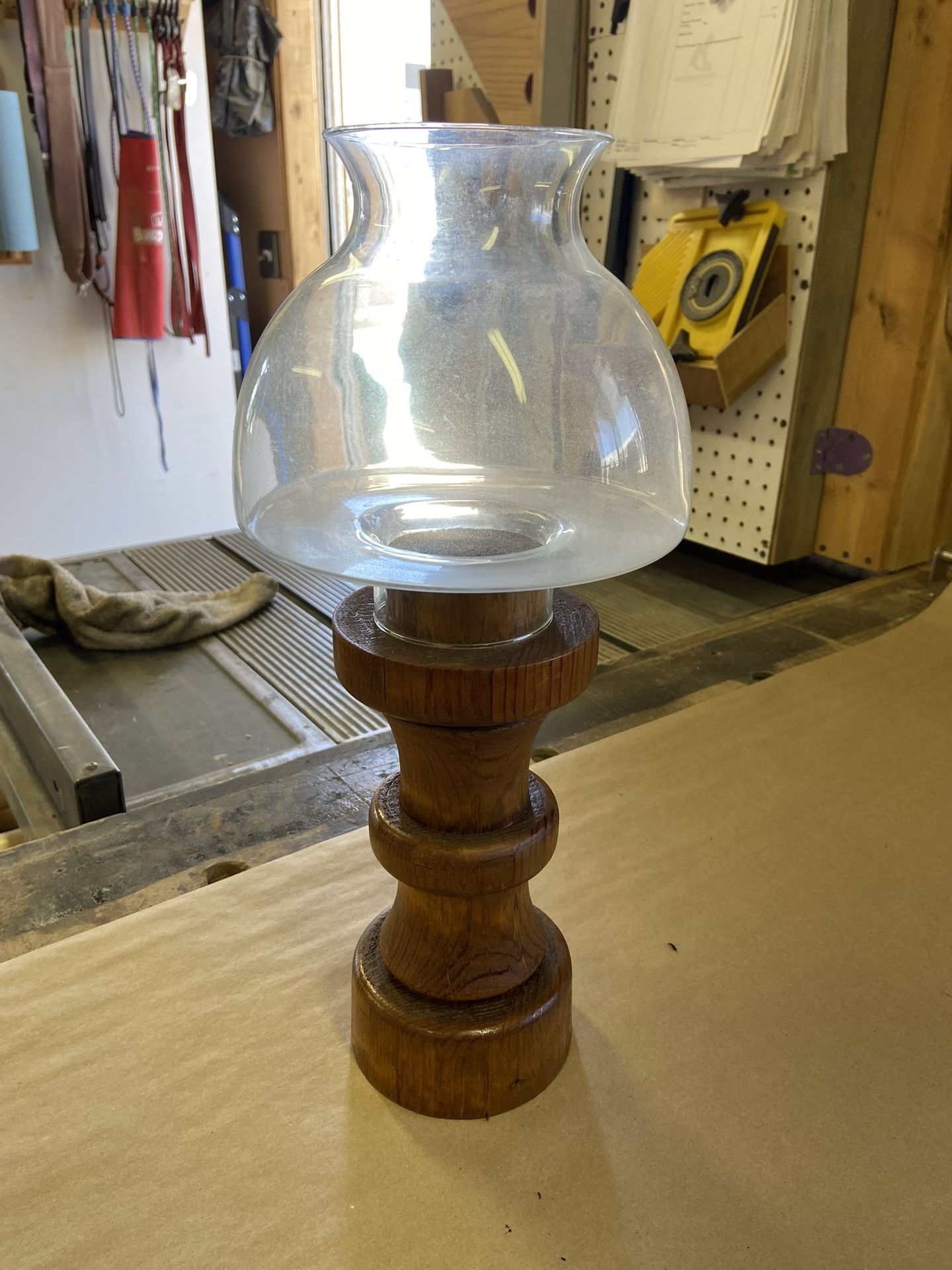 Wood Turned Candle Holder And Glass Shade