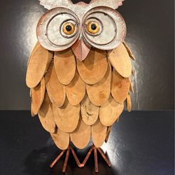Wood and Metal Owl Figurine Hand Crafted Rustic Design 12” high by 8” wide by 4” deep