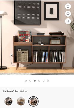 Oubayajia Record Player Stand, Vinyl Turntables Stand with Power Outlet, Holds up to 300 Albums, Walnut