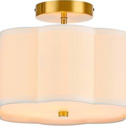 3-Light Semi Flush Mount Ceiling Light, 12.6" Ceiling Light Fixture with Flower-Shaped Fabric Shade