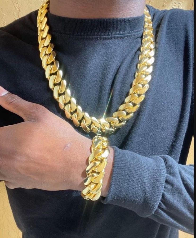 14k & 18k Set Miami Cuban Link Gold Plated 20mm Heavy Chain  & Bracelet Set