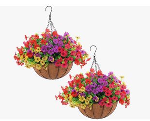 (707070-35) Hananona 2 Set Artificial Outdoor Flowers with Hanging Basket, 2 Hanging Planters with 24 Pcs Flowers for Spring Summer Front Porch Garden