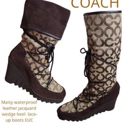 Coach Maisy Logo Lace Up Wedged Boots 9.5