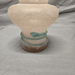 Vintage Blown Art Glass Vase - Frosted Pink Scavo with Teal Snake Applique