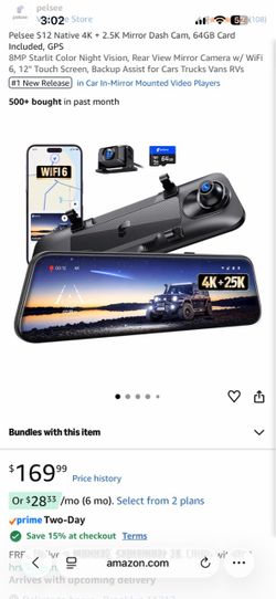 Pelsee S12 Native 4K + 2.5K Mirror Dash Cam, 64GB Card Included, GPS
