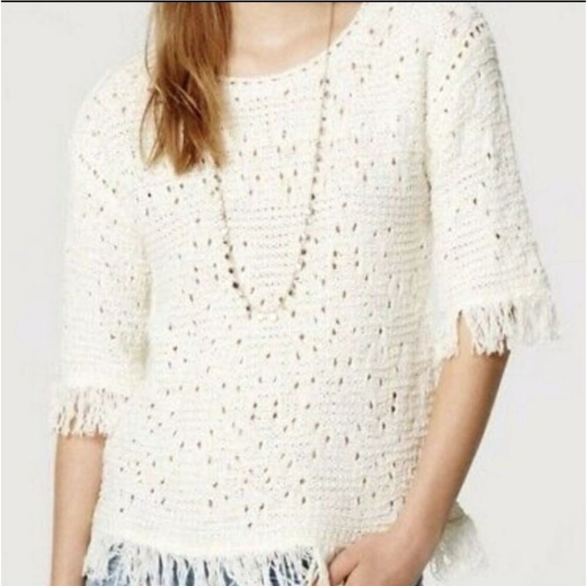 LOFT Open Crochet Knit Sweater Ivory