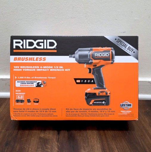 RIDGID
18V Brushless Cordless 4-Mode 1/2 in. High-Torque Impact Wrench Kit with (2) 4.0 Ah Lithium-Ion Batteries and Charger