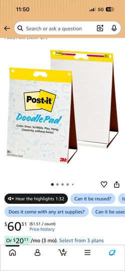 Post-it Doodle Pad, Portable Art Easel, Self-Stick Tabletop Easel Pad, 20 in x 23 in, 20 Sheets/Pad, 2 Pads/Pack