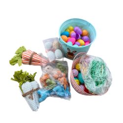 Easter Basket Bundle Lot – Plastic Eggs, Mini Plush Bunnies, Carrot Decor, Baskets NEW