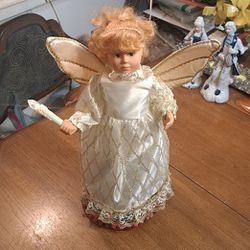 Vintage 15" Animated Motionette Christmas Angel In White Gown W/Gold Accents, Candle Lights Up & Her Arm Moves