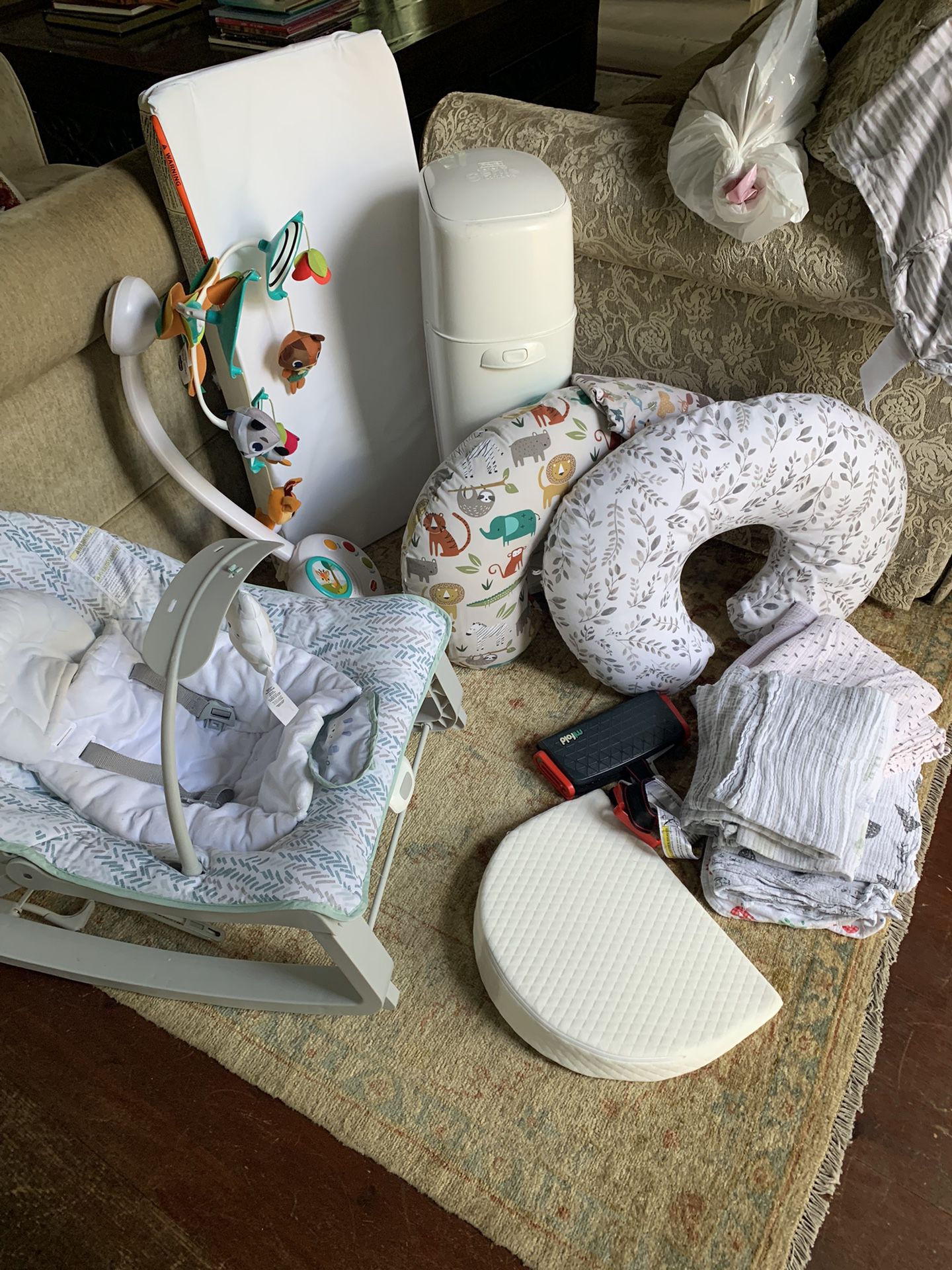 Baby Bundle W/ Diaper Genie, Changing Table Pad, Rocker,  Blankets, Feeding Pillows Etc All Included 