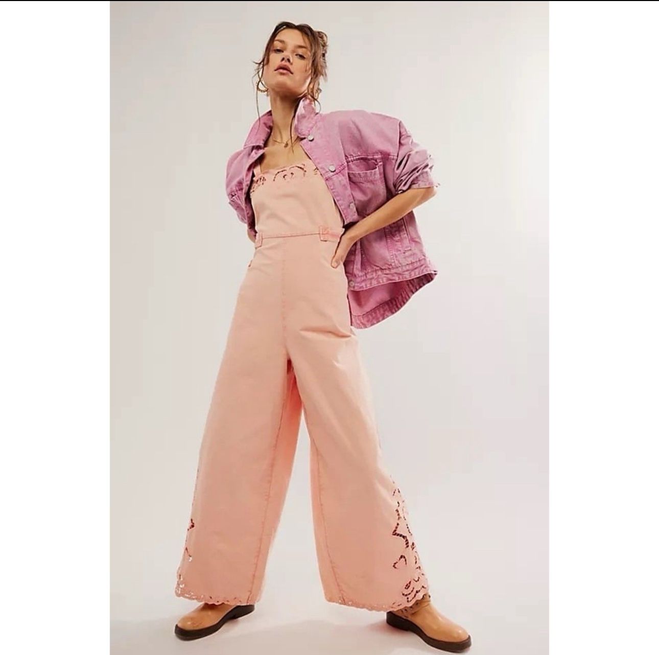 Free People Leighton Jumpsuit Rosey Rose XL  Embroidered Boho Cottagecore Chic