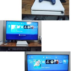 White PS4 with a 44-in smart fire TV in perfect condition with 1 game control and tv control
White PS4 