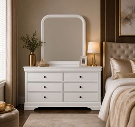 White 6‑Drawer Dresser with Mirror – 72” Height