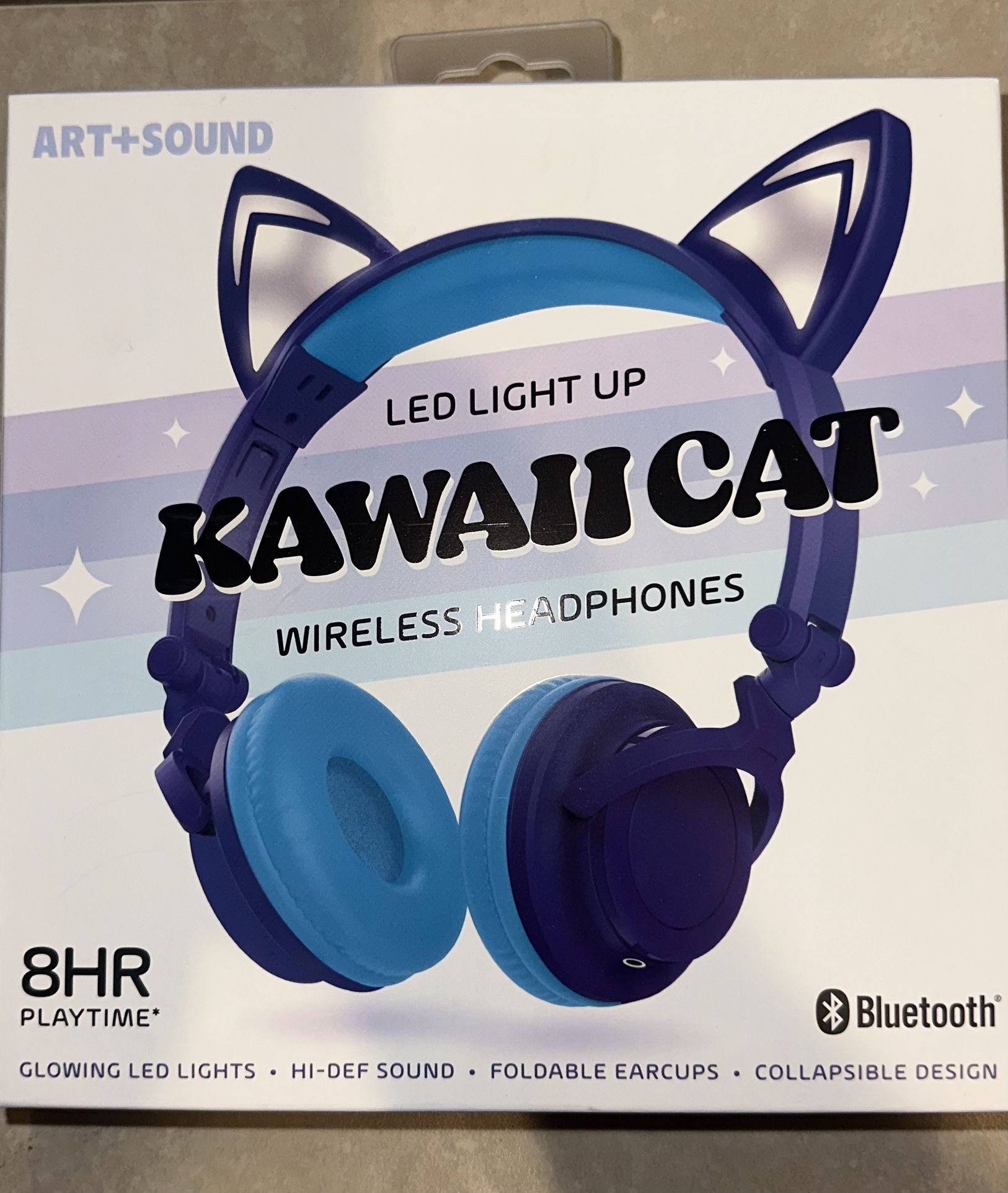 ART+SOUND Kawaii Cat LED Bluetooth Wireless Wired Kids Headphones Blue