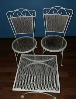 Vintage Mid-Century White Wrought Iron Patio Set – 3 Pieces (2 Chairs & Square Table)