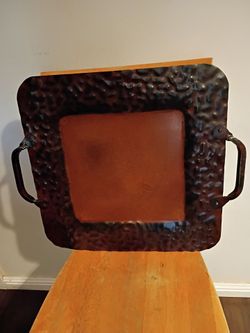 Hammered copper square serving tray w/ handles