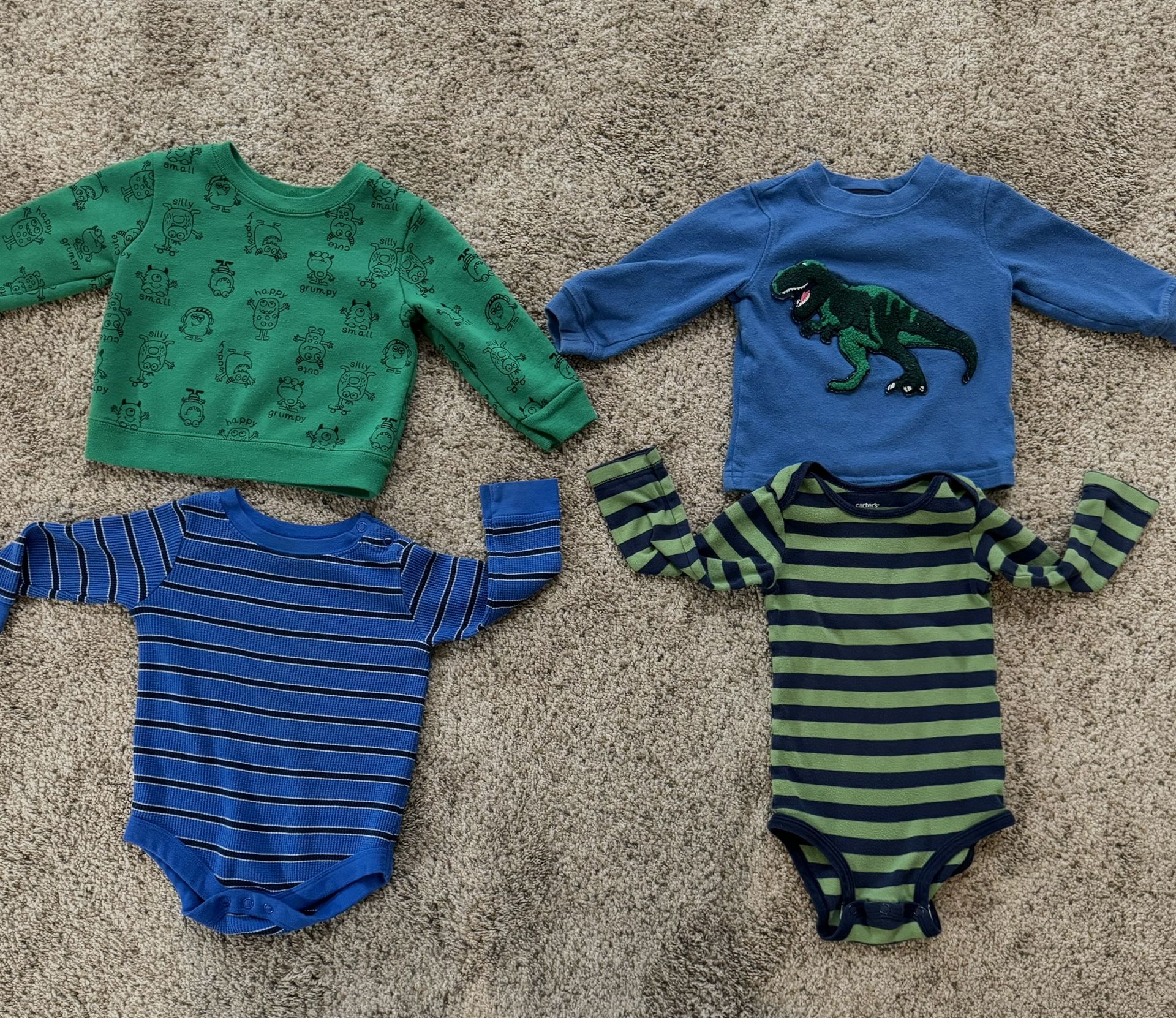 Used Size 12mo - 2 tops and 2 Onesis. Carters and Garanimal brands. Price includes the 4 items. 