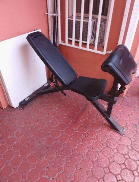 Adjustable Bench With Preacher Curl, Squat Rack, Total Gym, Step Platform, Olympic Bars, Weights, Bumper Plates, Station
