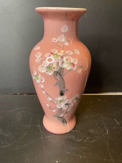 Vintage hand painted vase, Asian cherry blossoms, pink glossy