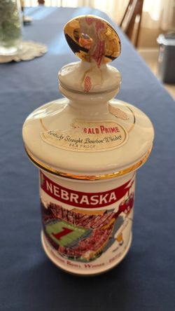 Vintage Old Fitzgerald Prime bourbon decanter celebrating the Nebraska Cornhuskers as 1970 and 1971 National Champions