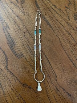Gold Toned Boho Beaded Necklace with Oval Textured Pendant and Tassel – 17.5” - Excellent
