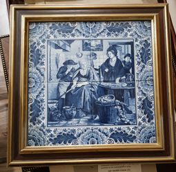 "Women Baking Pancakes" - Netherlands Blue & white porcelain tile picture
