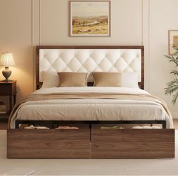White Upholstered Headboard Queen Bed Frame with 2 Front Storage Drawers