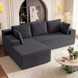 96" L-Shape Modular Cloud Couch, LEFT FACING CHAISE,3-Seater Deep Seat Corduroy Sectional Sofa, dark Gray