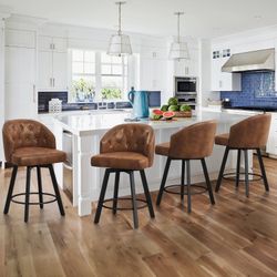 26"H Faux Leather Upholstered Swivel Counter Stool, Brown (Set of 4)
