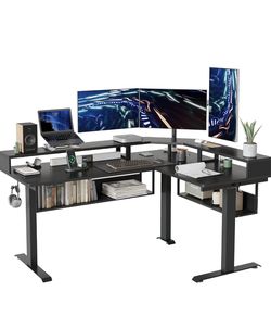 63Inch L-Shaped Desk with Shelves, Adjustable Corner Desk, Black
