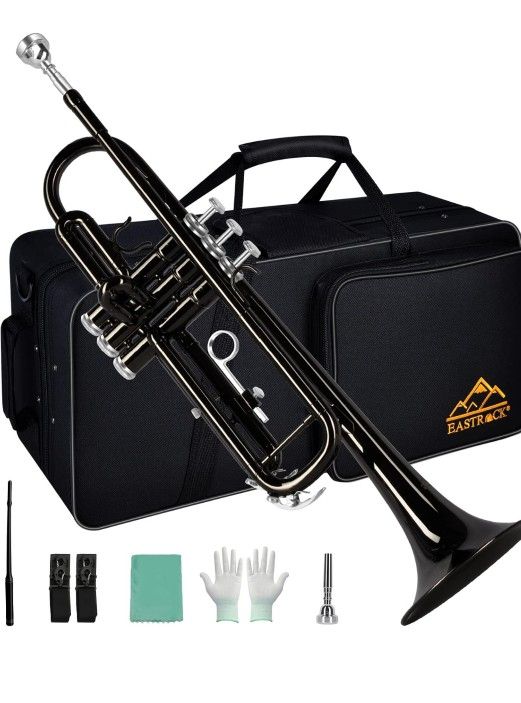 EASTROCK Bb Trumpet Standard Trumpet Set with Carrying Case,Gloves, 7C Mouthpiece and Cleaning Kit (Black)







