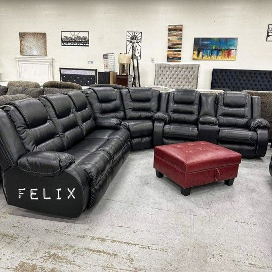 Brand New | Ashley Vacherie Black Leather 3 Pc Reclining Sectional Sofa Couch 🔥⭐🚀 Living Room Set | In Stock👍Deep Seating | Comfort | Cup Holders