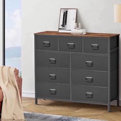 Dresser for Bedroom, Storage Organizer Unit with 9 Fabric Drawers, Chest of Drawers, Steel Frame, for Living Room, Entryway, Rustic Brown