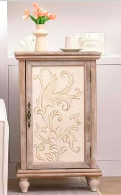 BRAND NEW-UNUSED-UNOPENED Side table,nightstand or Storage Cabinet 34" Tall Vintage Accent Cabinet Floral Carved Door,Gray Distressed Solid Wood