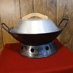 Vintage Atlas Metal Spinning Co. 14" Carbon Steel Wok+Lid+Stand/ Base OBO