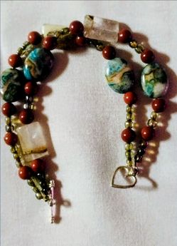 Natural Gemstone Double Strand Bracelet Red Jasper Agate & Quartz